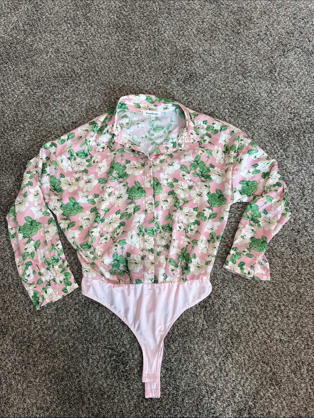Heartloom Pink Floral Button-Up Blouse with Green Leaf Print